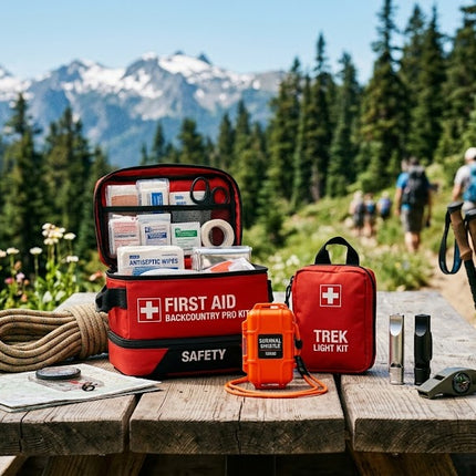 A professional outdoor first aid kit open on a wooden table with safety whistles, a compass, and hiking gear, set against a background of mountains and a pine forest trail.