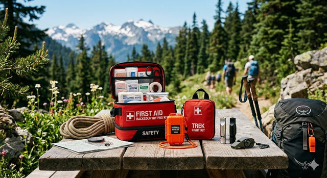 A professional outdoor first aid kit open on a wooden table with safety whistles, a compass, and hiking gear, set against a background of mountains and a pine forest trail.