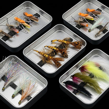 5 sets of handtied flyers in metal containers for fly fishing.