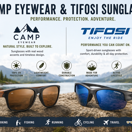 Camp Eyewear and Tifosi Sunglasses displayed on a rock by a mountain lake, featuring wood-accent lifestyle frames and blue-lens sport sunglasses.