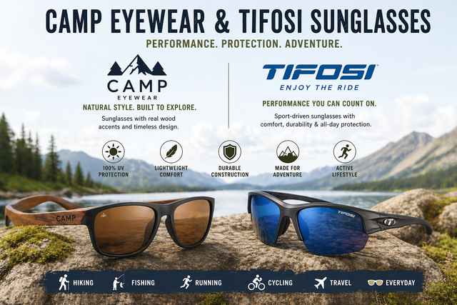 Camp Eyewear and Tifosi Sunglasses displayed on a rock by a mountain lake, featuring wood-accent lifestyle frames and blue-lens sport sunglasses.