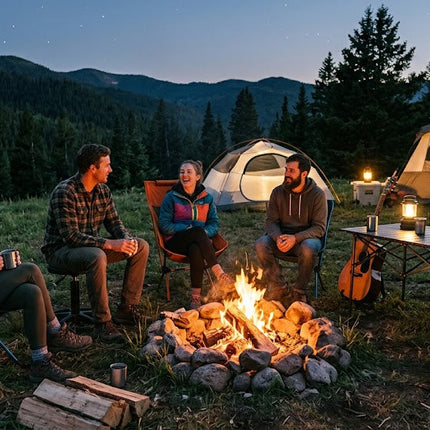 Friends relax around a cozy mountain campfire at twilight with illuminated tents. The scene features people in ergonomic folding chairs and swivel stools, a portable table with a lantern and guitar, and a starry sky above.