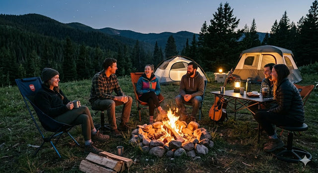 Friends relax around a cozy mountain campfire at twilight with illuminated tents. The scene features people in ergonomic folding chairs and swivel stools, a portable table with a lantern and guitar, and a starry sky above.