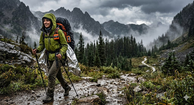 A hiker in a green jacket uses trekking poles on a rainy mountain trail. Her large backpack is partially covered by a reflective silver emergency poncho. Misty forests and jagged, stormy peaks create a rugged, high-stakes outdoor atmosphere.