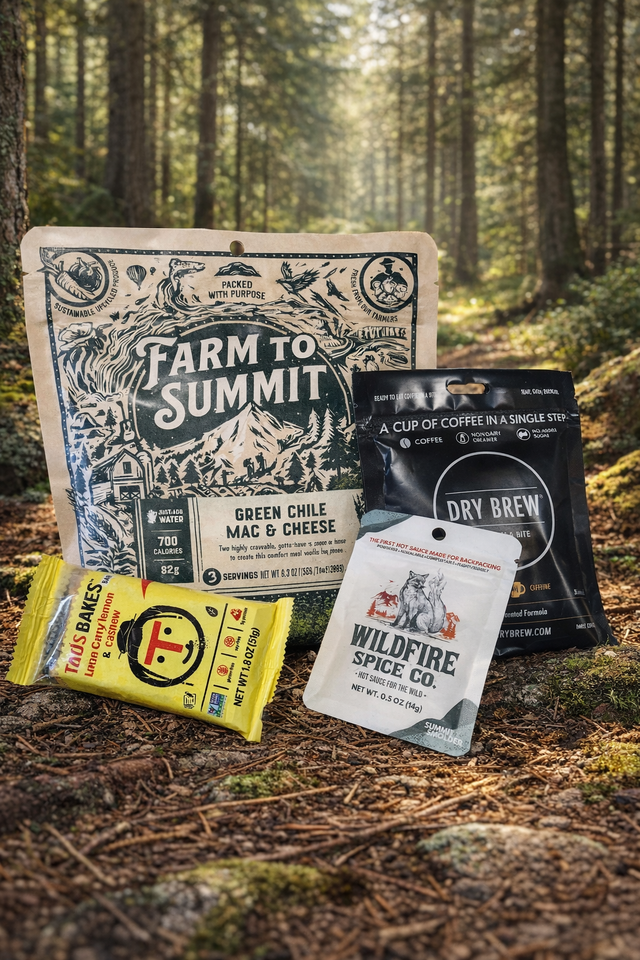 Outdoor food collection banner featuring trail meals, energy bars, spices, and camp-ready snacks from brands like Farm to Summit, Taos Bakes, Dry Brew, and Wildfire Spice Co.