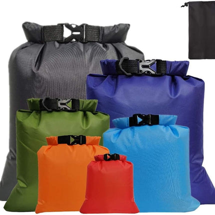 Assorted waterproof dry bags and Chums floating phone case for secure storage and phone protection during kayaking, boating, hiking, camping, and beach activities.