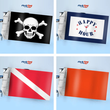 Fly-A-Flag brand flags displayed in four designs: Jolly Roger pirate flag, red and white Diver Down scuba flag, Happy Hour themed flag, and a solid all-orange flag, shown side by side with bold colors and durable outdoor fabric.