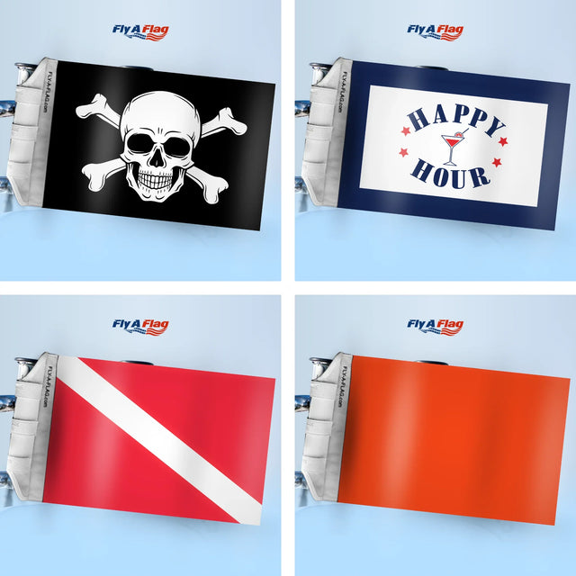 Fly-A-Flag brand flags displayed in four designs: Jolly Roger pirate flag, red and white Diver Down scuba flag, Happy Hour themed flag, and a solid all-orange flag, shown side by side with bold colors and durable outdoor fabric.