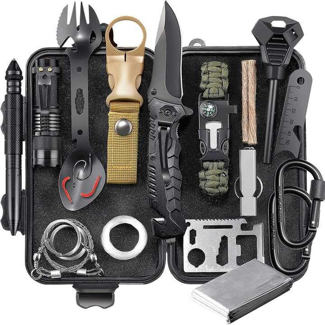 Compact survival kit in black hard case with tactical knife, flashlight, fire starter, paracord bracelet, emergency whistle, wire saw, multi-tool card, carabiner, spoon fork utensil, and outdoor emergency gear neatly organized inside.