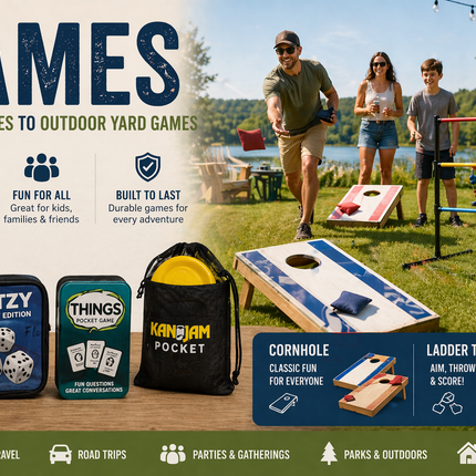 Outdoor games banner showing family and friends playing cornhole and ladder toss on a sunny lawn, with pocket games and portable yard games displayed in the foreground.