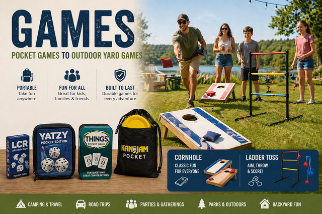 Outdoor games banner showing family and friends playing cornhole and ladder toss on a sunny lawn, with pocket games and portable yard games displayed in the foreground.