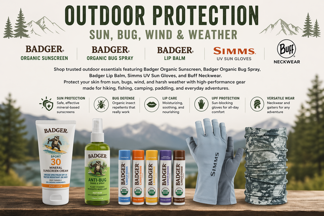 badger skin care including organic sunscreen, bug spray, and lip balm. Simms UV gloves and Buff facemask for both UV sun and bug protection.