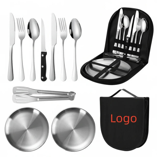 Stainless steel cutlery set including knives, forks, spoons, tongs, plates, and a black carrying case
