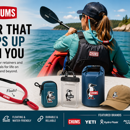 CHUMS outdoor banner showing a kayaker on the water wearing floating eyewear retainers, with sunglasses strap, dry bag, pouch, waterproof case, hat, and tumbler displayed in front.