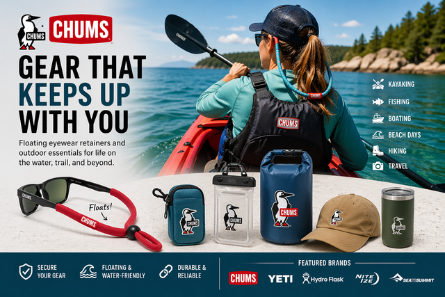 CHUMS outdoor banner showing a kayaker on the water wearing floating eyewear retainers, with sunglasses strap, dry bag, pouch, waterproof case, hat, and tumbler displayed in front.