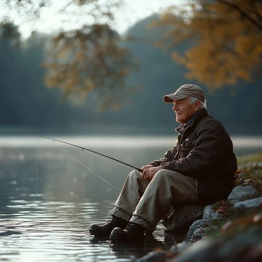 Man fishing while sitting on a rock beside a calm, scenic river or lake, surrounded by nature with trees and water reflections in the background.