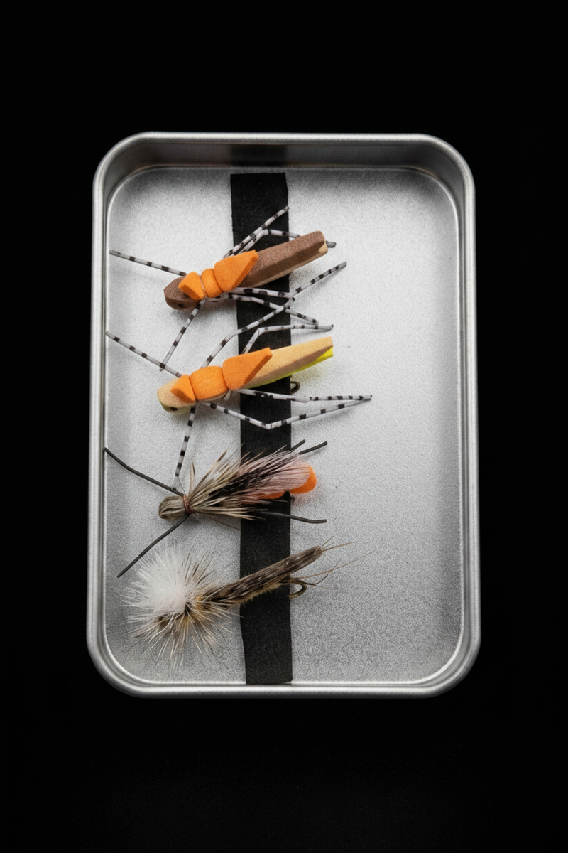 Set of fly fishing flies on a metal tray with a black and white striped background