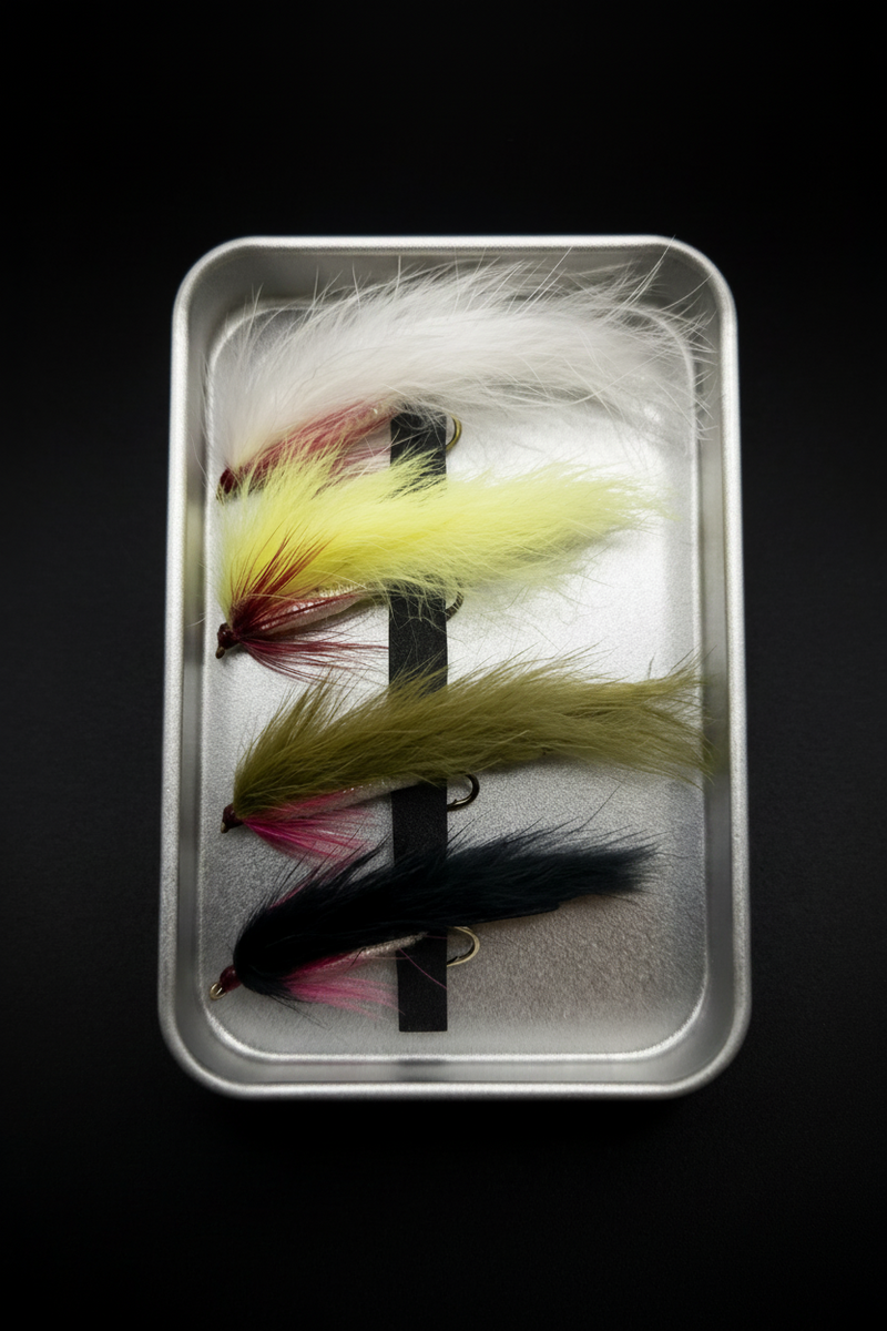 Set of fishing flies in a metal case on a black background