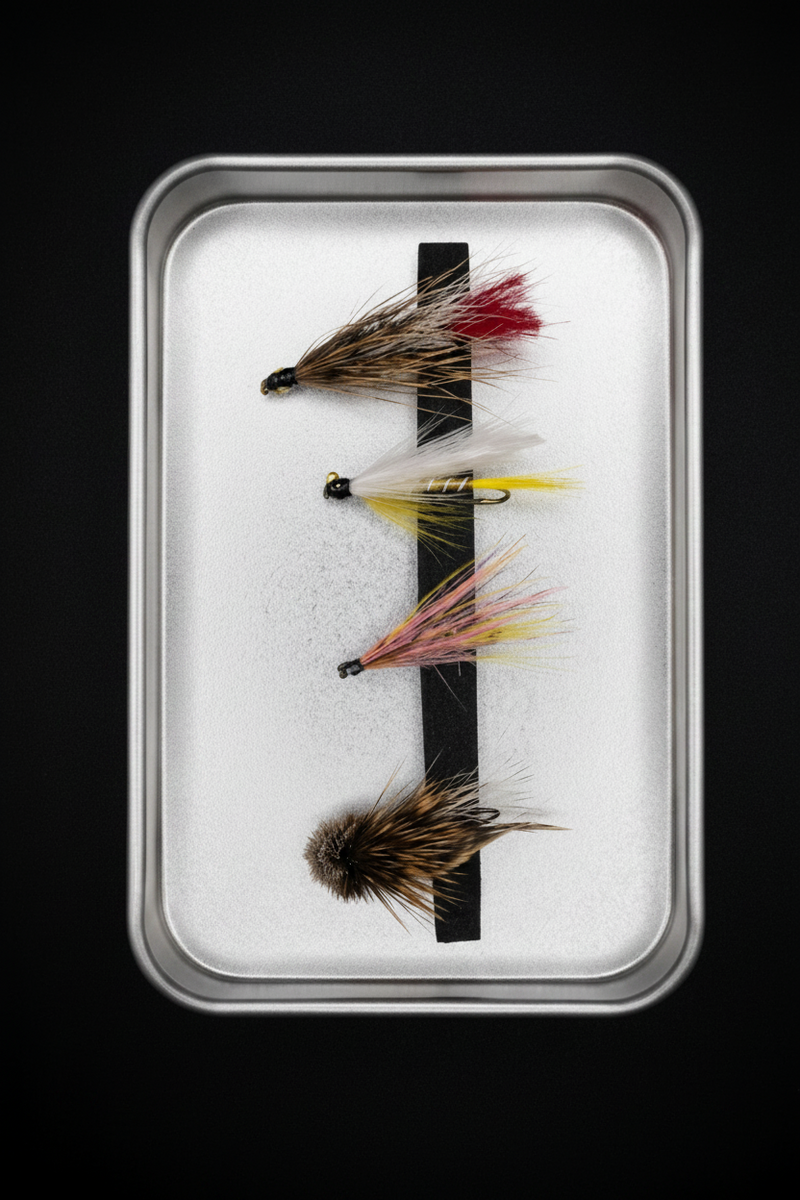 Set of fly fishing flies in a clear case on a black background