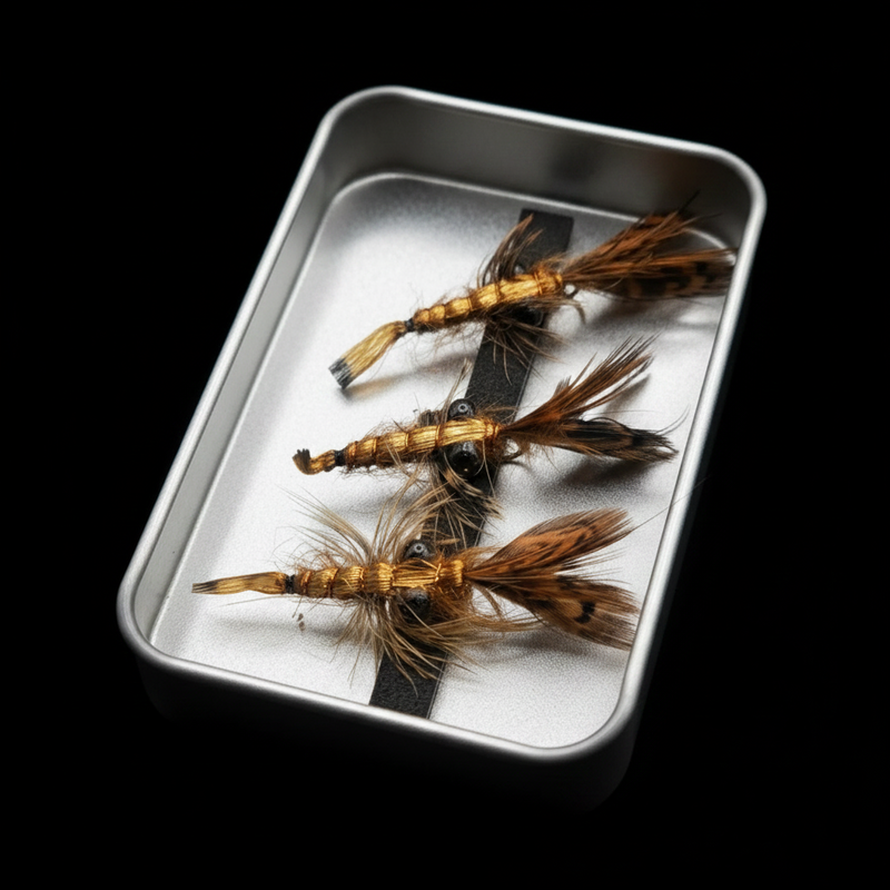 Three fishing flies on a metal tray against a black background