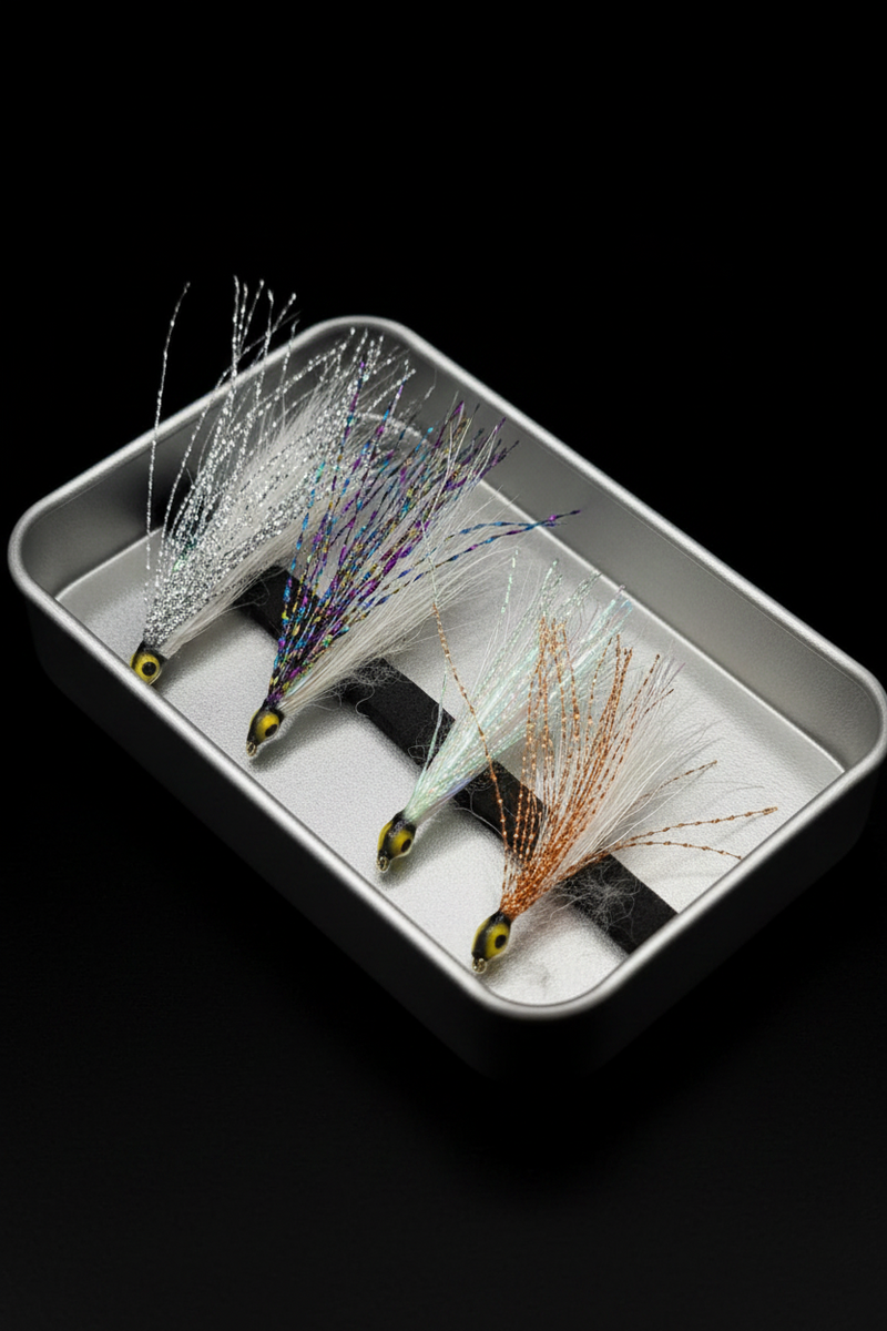 Three fishing lures on a metal tray with a black background
