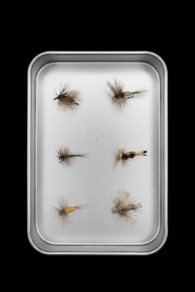 Size fly fishing flies on a metal tray with a black background