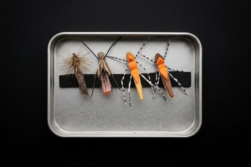 Set of fly fishing flies on a metal tray against a black background