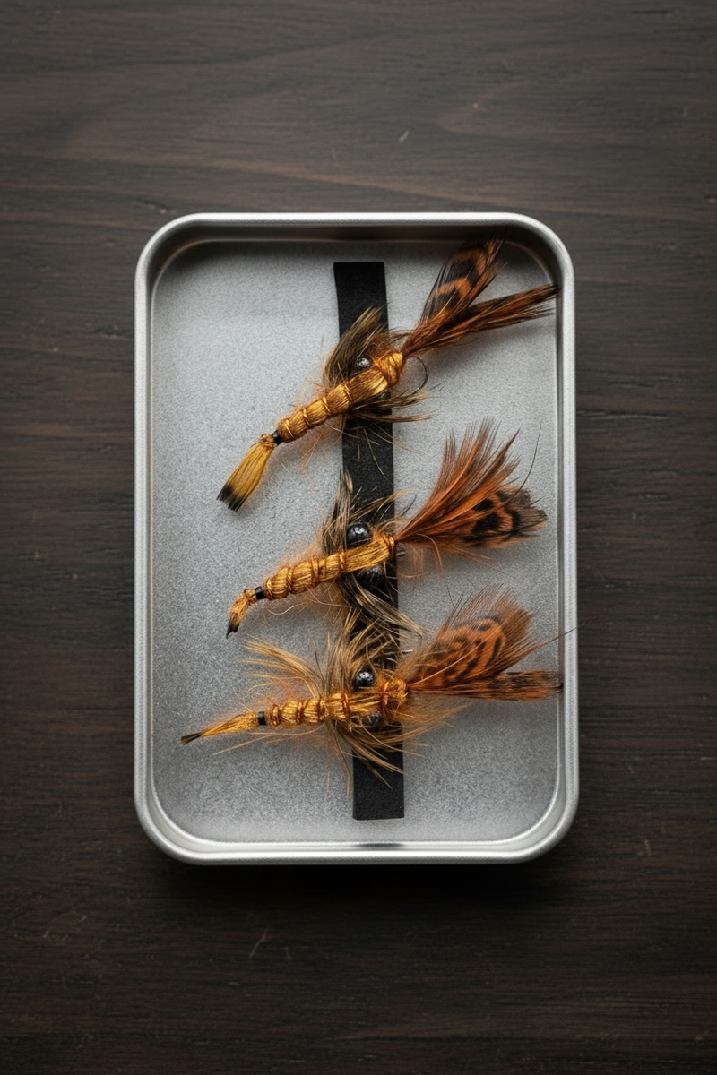 Three feathered crayfish fishing flies in a metal case on a dark background