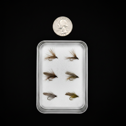 Set of fly fishing flies on a tray with a coin for scale against a black background