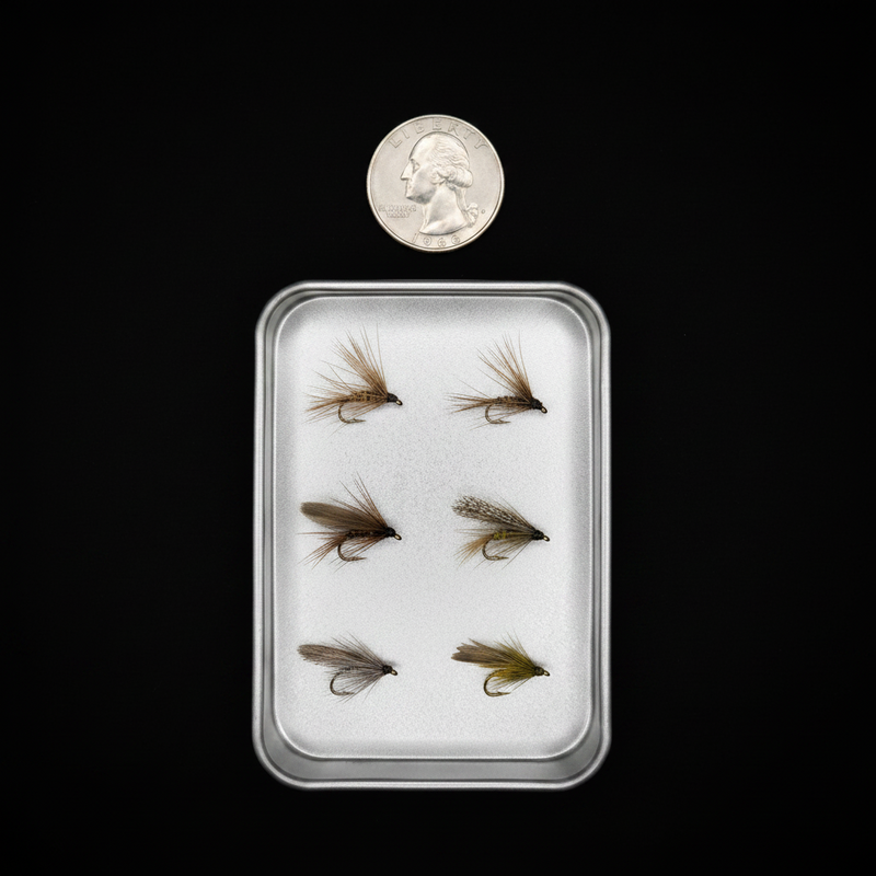 Set of fly fishing flies on a tray with a coin for scale against a black background