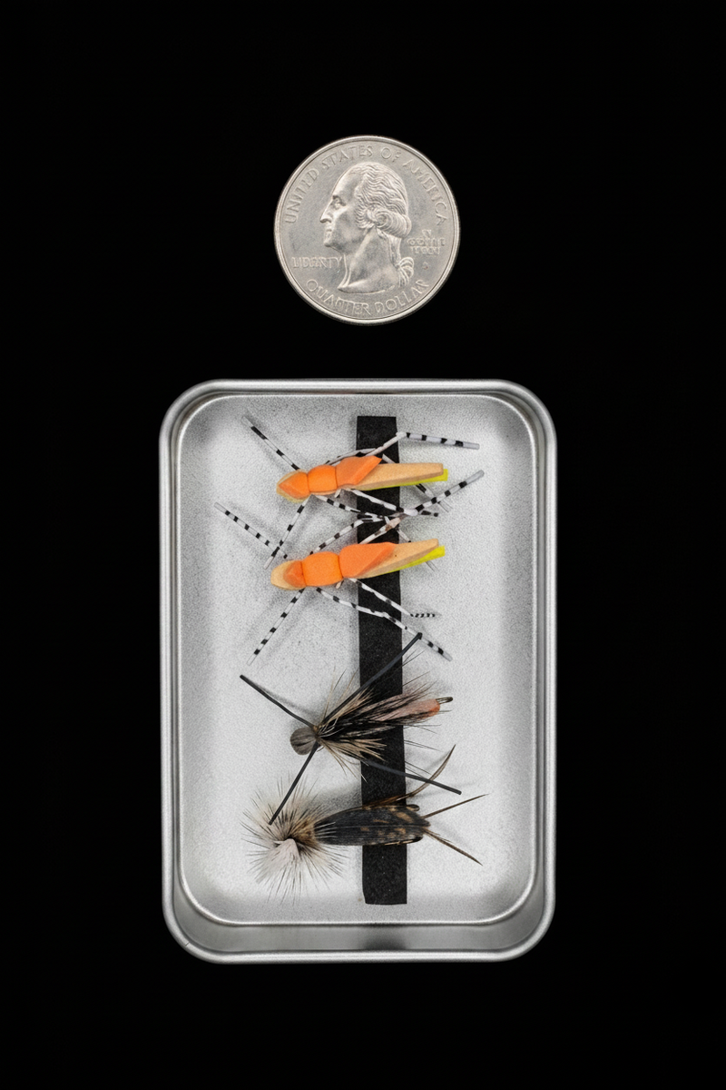Set of fly fishing flies in a small metal case with a coin for scale on a black background