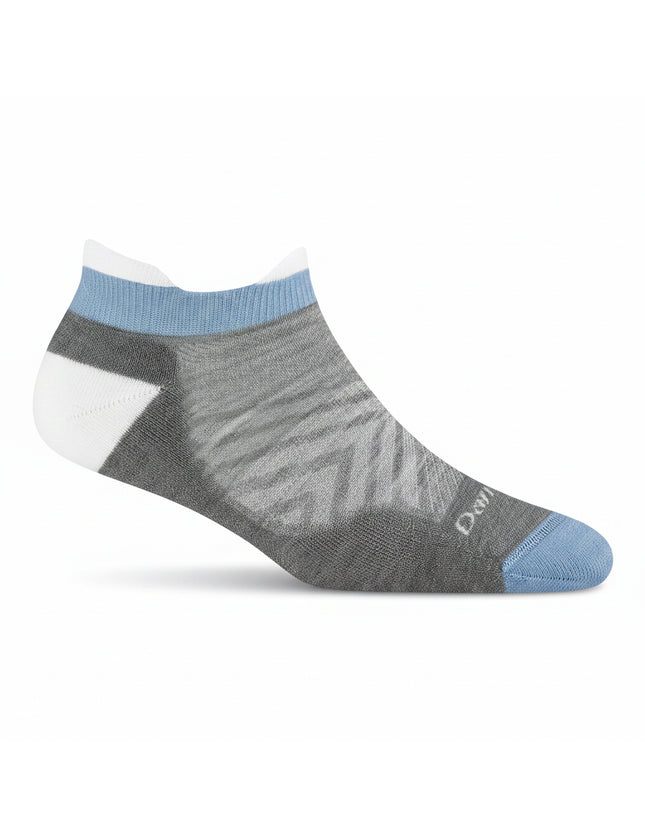 A single low-cut ankle sock in gray with light blue trim and toe cap, and a white heel and cuff, shown on a plain white background.