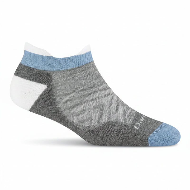 A single low-cut ankle sock in gray with light blue trim and toe cap, and a white heel and cuff, shown on a plain white background.