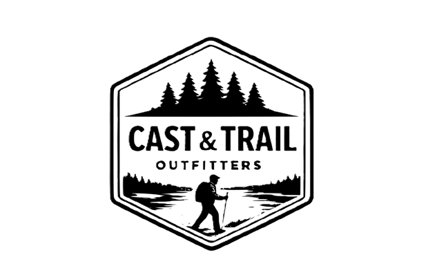 Cast & Trail Outfitters logo with trees, water, and a hiker