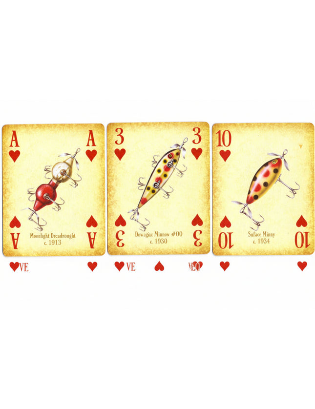 Four vintage-style fishing card illustrations arranged side by side, resembling playing cards with red hearts and numbers. The cards depict different fishing lures: a nightlight breadhead, a brokenback number 30, a silk honey c.