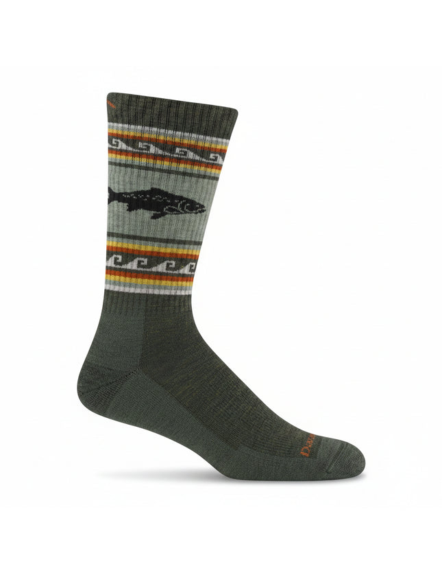A single crew sock in dark olive green with a patterned upper section featuring a black fish silhouette, white wave motifs, and stripes of orange, yellow, and brown on a light gray background.