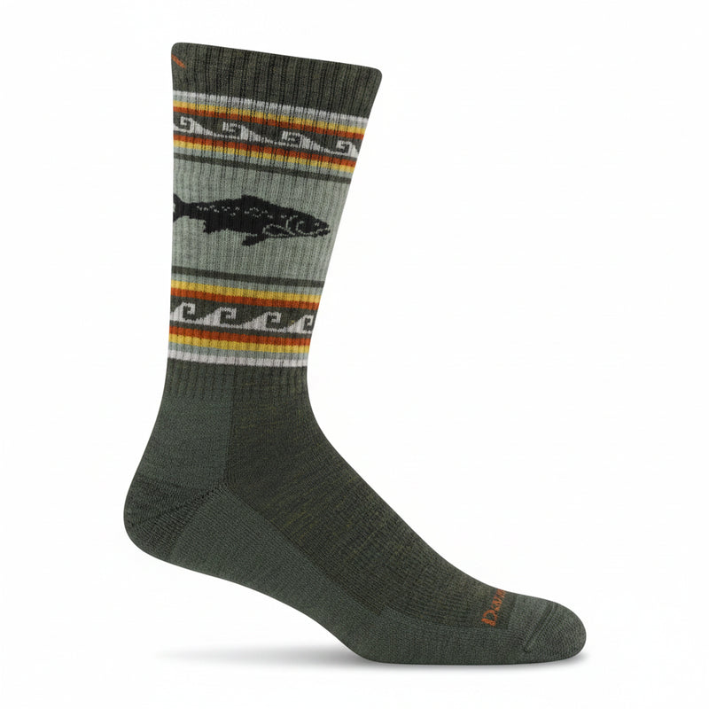 A single crew sock in dark olive green with a patterned upper section featuring a black fish silhouette, white wave motifs, and stripes of orange, yellow, and brown on a light gray background.