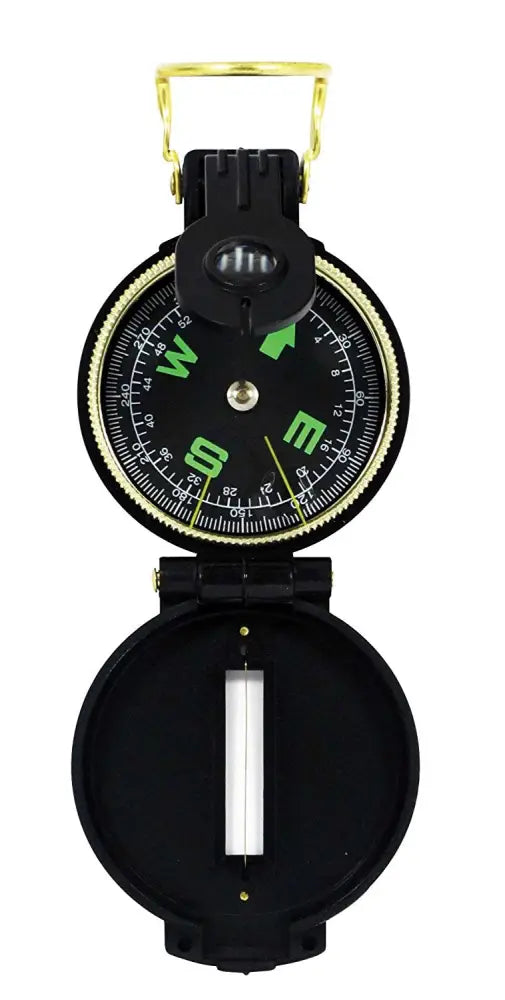 Black and gold compass with a black face and green cardinal directions