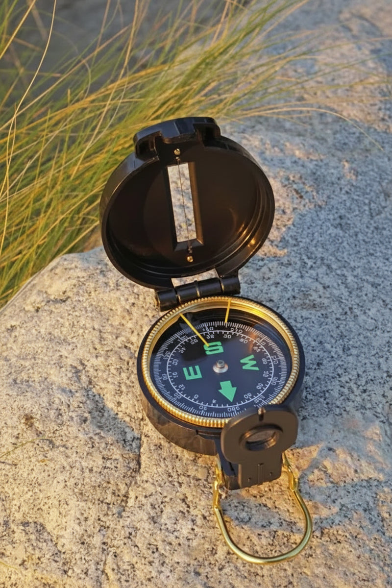 Open black and gold compass on a rock with tall grass in the background