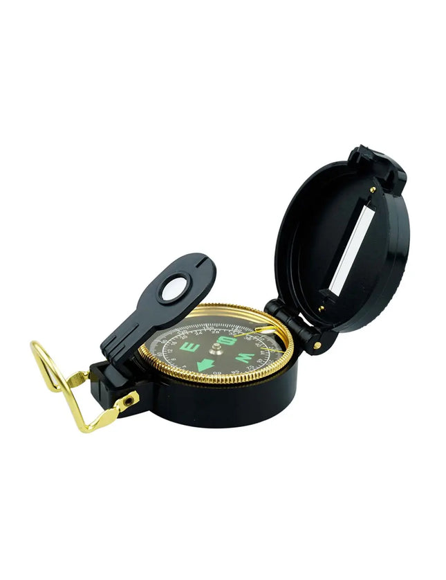 Black and gold compass with an open lid and a small magnifying glass