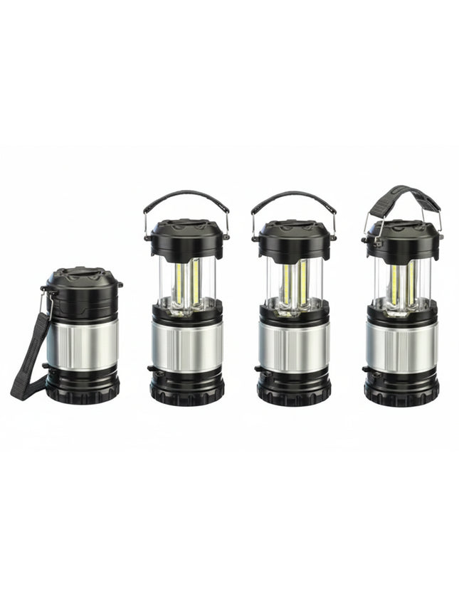 Four black and silver camping lanterns, one collapsed, three extended with LED lights visible