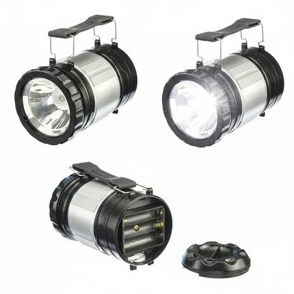Silver and black flashlight with handle, one off, one on, and one with battery compartment open