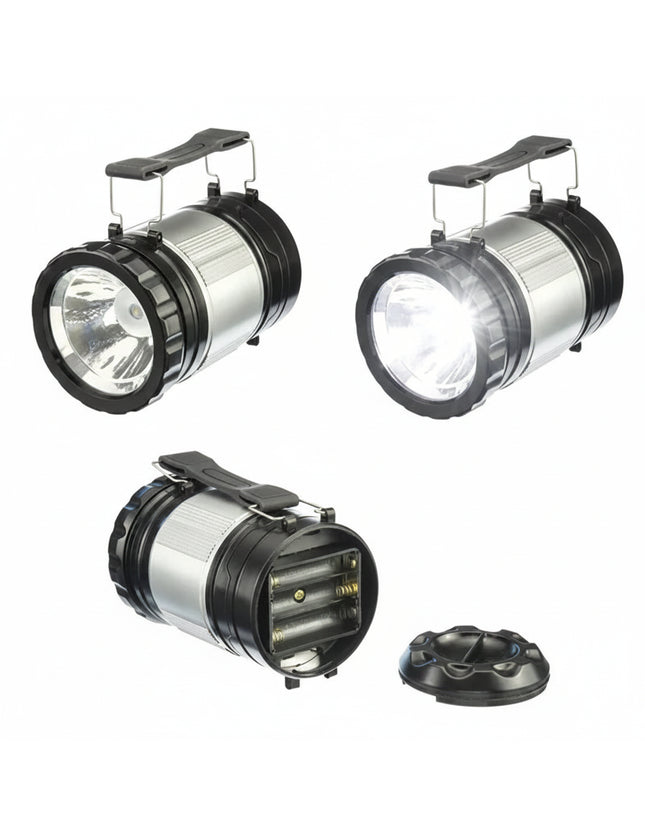 Silver and black flashlight with handle, one off, one on, and one with battery compartment open