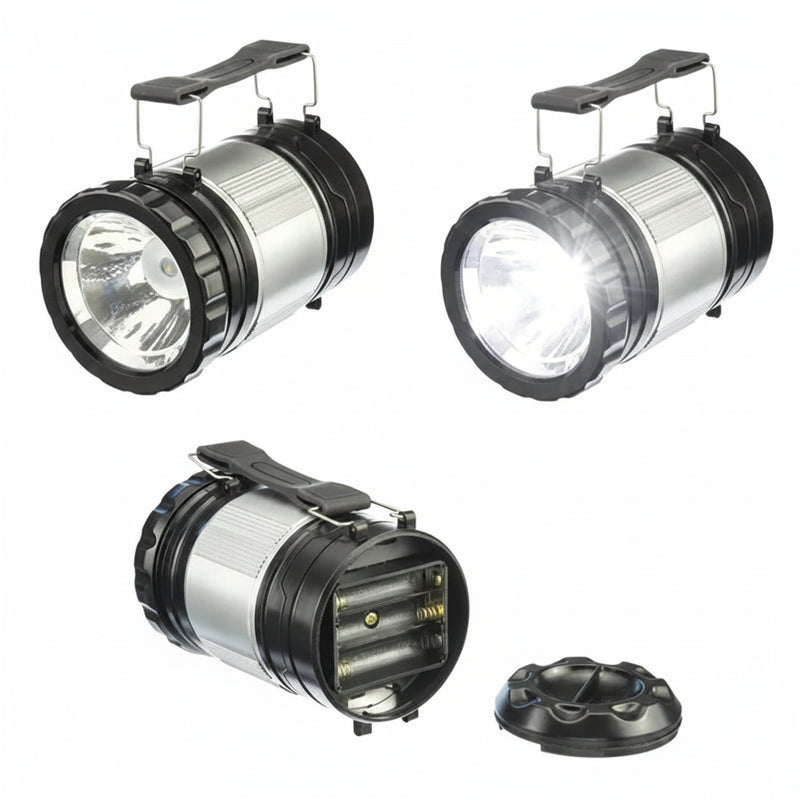 Silver and black flashlight with handle, one off, one on, and one with battery compartment open