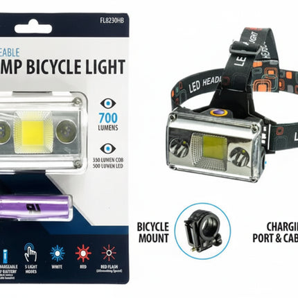 2-in-1 rechargeable headlamp bicycle light with bicycle mount and charging port