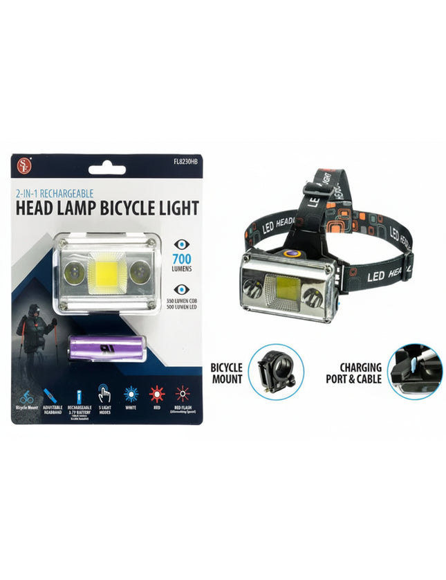 2-in-1 rechargeable headlamp bicycle light with bicycle mount and charging port