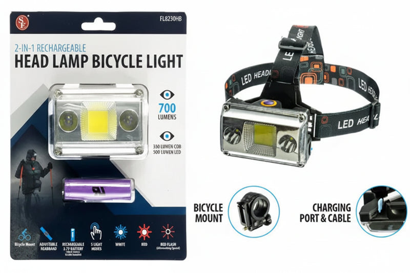 2-in-1 rechargeable headlamp bicycle light with bicycle mount and charging port