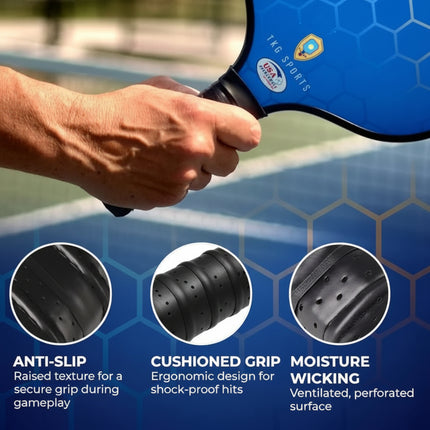 A close-up of a hand holding a blue and black pickleball paddle over a court background, with three circular detail insets below highlighting anti-slip texture, cushioned grip design, and moisture-wicking surface. Text on the image includes '786 SPORTS' and feature callouts.