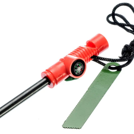 Red fire starter with a black ferro rod, a small compass, and a green striker on a white background