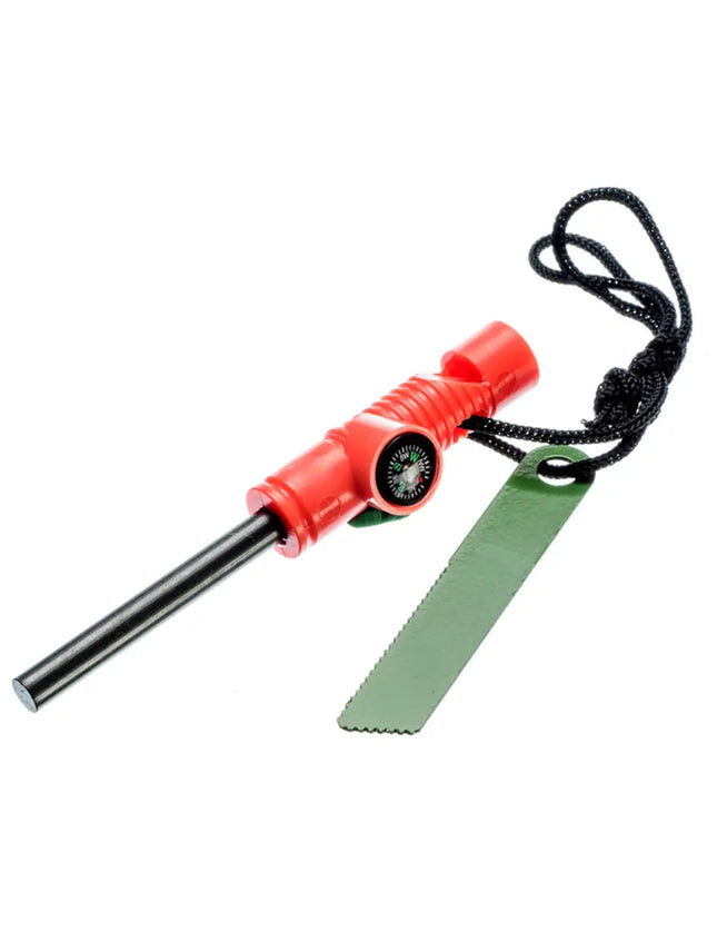 Red fire starter with a black ferro rod, a small compass, and a green striker on a white background